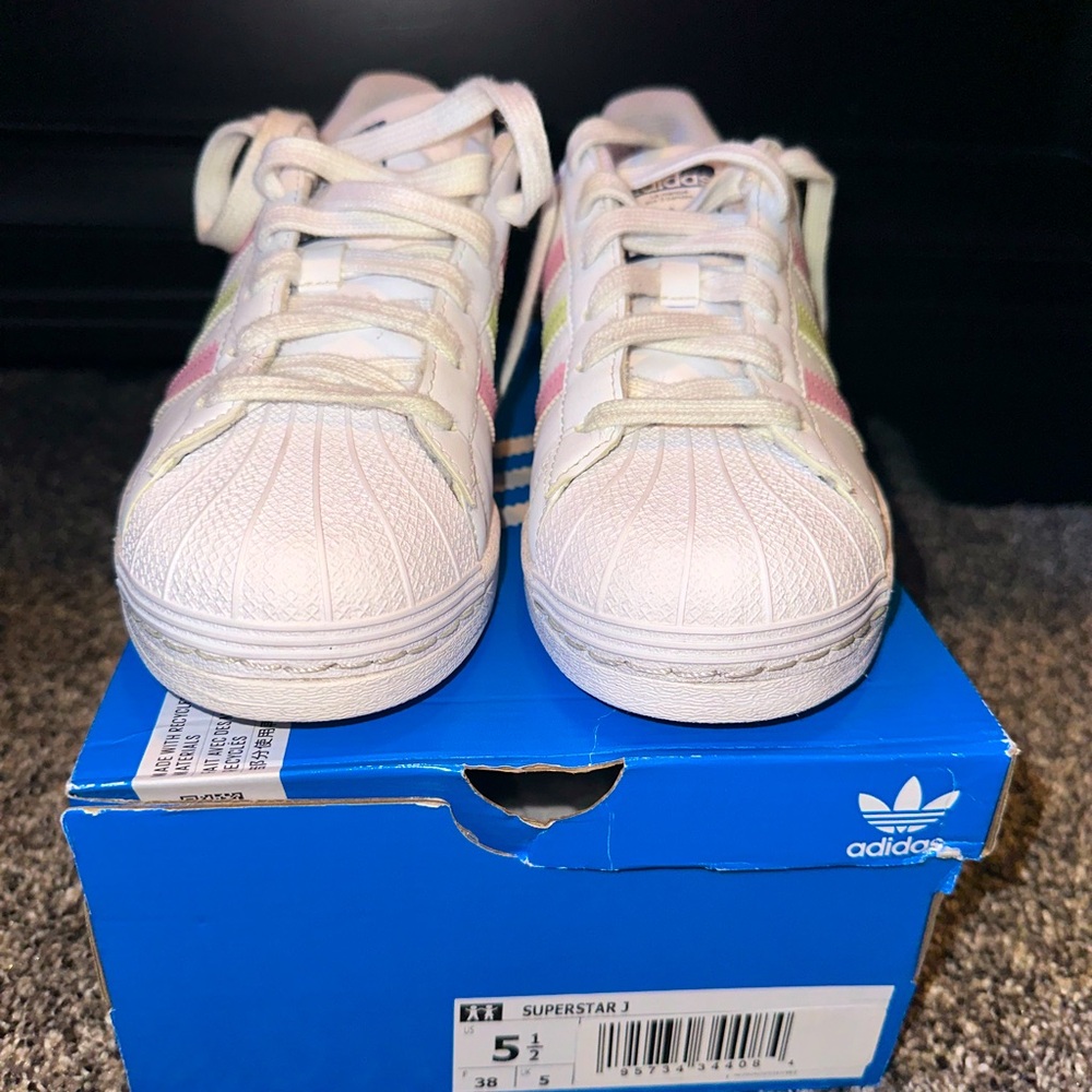 Brand: Superstar Adidas • White with pink and lime green stripes • 5 1/2